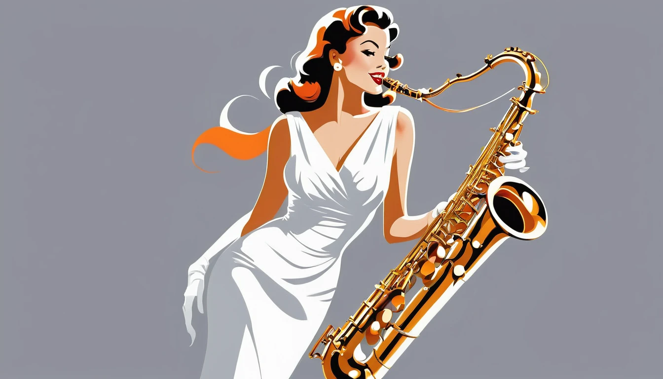 arafed woman in white dress playing a Saxophone on grey background, inspired Tex Avery, Retro illustration, Saxophone, In the style of digital illustration, Flat Vector Art, jazz, 1950s illustration style, stylized digital illustration, Manga style illustration, Tex Avery, Pinup Poster Girl, Vector style drawing, Vector Art Style, Elegant woman