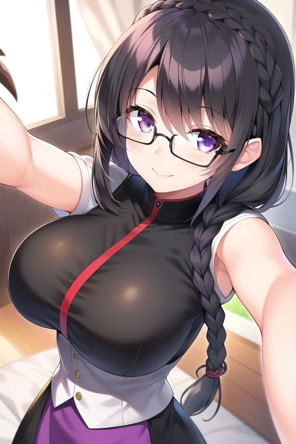 (One girl), (Black Hair:1.1), (Braiding:1.1), (Glasses), (Purple eyes), (smile), (Large Breasts), (Intricate iris detail), (Selfie)