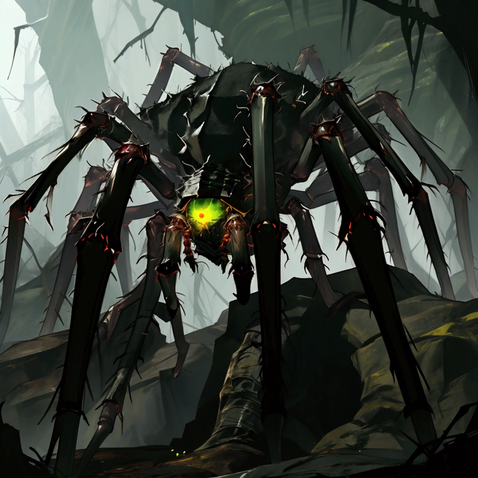 Giant furry spider, large cave, giant cave, dark cave, intricate, detailed hairy look, dark and gloomy, scary caverns, dark lighting, carnal, Arachnomorph, (green eyes), multiple eyes, swarm, giant cavern, dark area, foggy, camouflaged, stealthy, green runes, green magic, giant spider boss, symbol on back, green glowing eyes