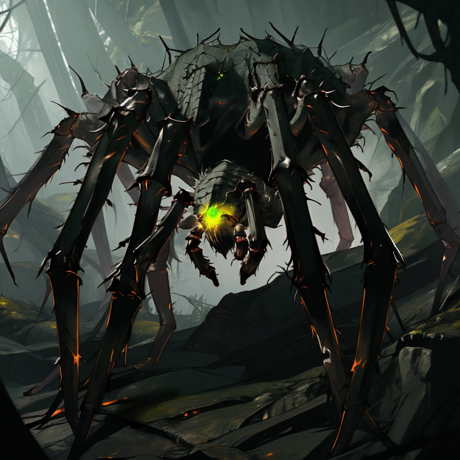 Giant furry spider, large cave, giant cave, dark cave, intricate, detailed hairy look, dark and gloomy, scary caverns, dark lighting, carnal, Arachnomorph, (green eyes), multiple eyes, swarm, giant cavern, dark area, foggy, camouflaged, stealthy, green runes, green magic, giant spider boss, symbol on back, green glowing eyes