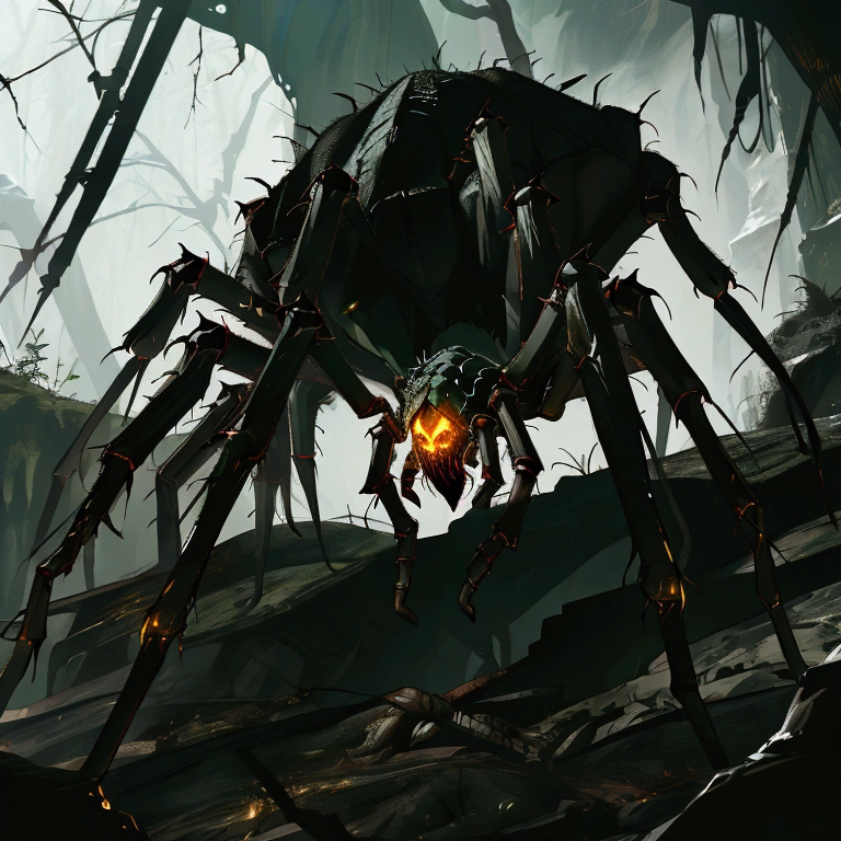 Giant furry spider, large cave, giant cave, dark cave, intricate, detailed hairy look, dark and gloomy, scary caverns, dark lighting, carnal, Arachnomorph, (green eyes), multiple eyes, swarm, giant cavern, dark area, foggy, camouflaged, stealthy, green runes, green magic, giant spider boss, symbol on back, green glowing eyes