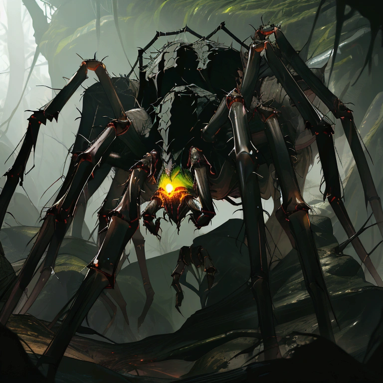 Giant furry spider, large cave, giant cave, dark cave, intricate, detailed hairy look, dark and gloomy, scary caverns, dark lighting, carnal, Arachnomorph, (green eyes), multiple eyes, swarm, giant cavern, dark area, foggy, camouflaged, stealthy, green runes, green magic, giant spider boss, symbol on back, green glowing eyes