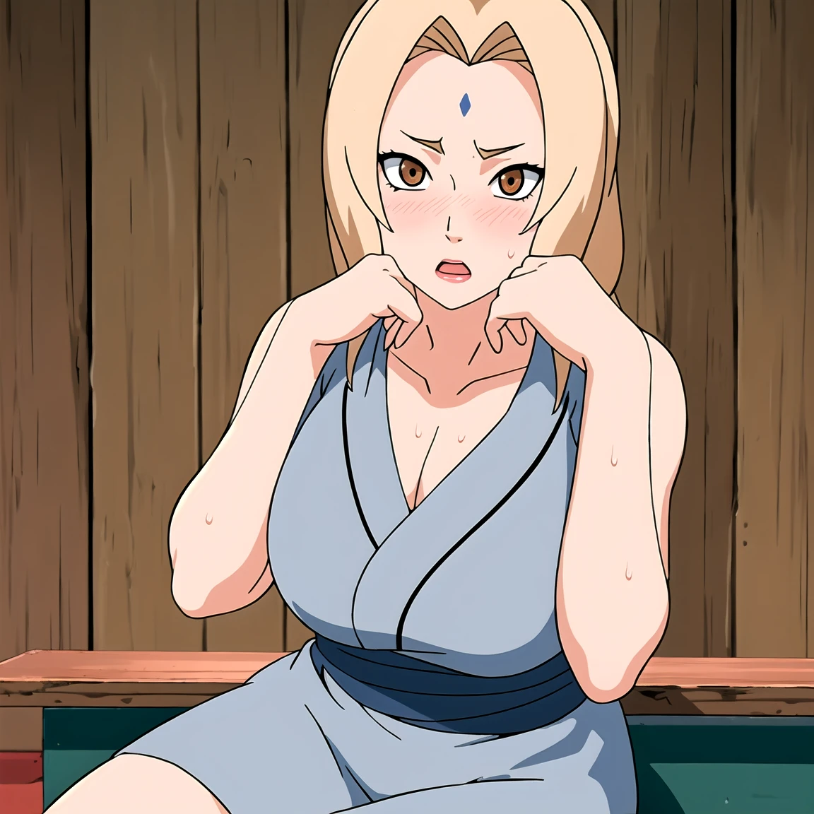 Tsunade , Brown eyes , Blonde Hair , Forehead Mark , (8K, RAW photos, best quality, masterpiece:1.2), (Intricate details), Perfect eyes, Perfect face, Perfect lighting, beautiful, (masterpiece:1.2), (best quality:1.2), 1 Girl, Cut-off top , Denim shorts ,  ,（（blush，nervous，Vision，classroom，bookshelf，sit on the chair，））masterpiece， absurd ， （Intricate details）， （Colorful）， light， Extremely detailed CG unity 8k wallpaper ，1 Girl， solo，（shy，classroom，night，blush，nervous，Sweating，蕾丝dress， ），sweat，blush，blush1.5，Blush，Medium chest，（（dress，Black stockings，）），（dress，Lying in bed，Uncomfortable expression，Mouth open，spit）