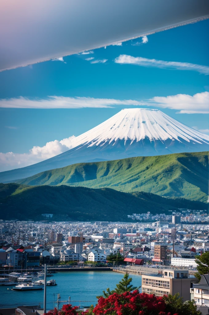 Mount Hakodate behind the waves　Highest quality　masterpiece　Photo style　Real