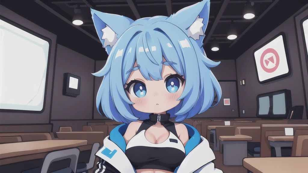 masterpiece:1.2, high quality, 最high quality, be familiar with_background,indoors,High resolution,there is nothing (solution 1988),black Jacket,Upper body,open clothes,disorganized,blue eyes,open Jacket,gradient background,looking at the viewer,play sports often,1 girl,short hair,bare shoulders,alone,animal ears,blue hair,Jacket,crop top,off shoulder,head tilt,Cat ear,big breast