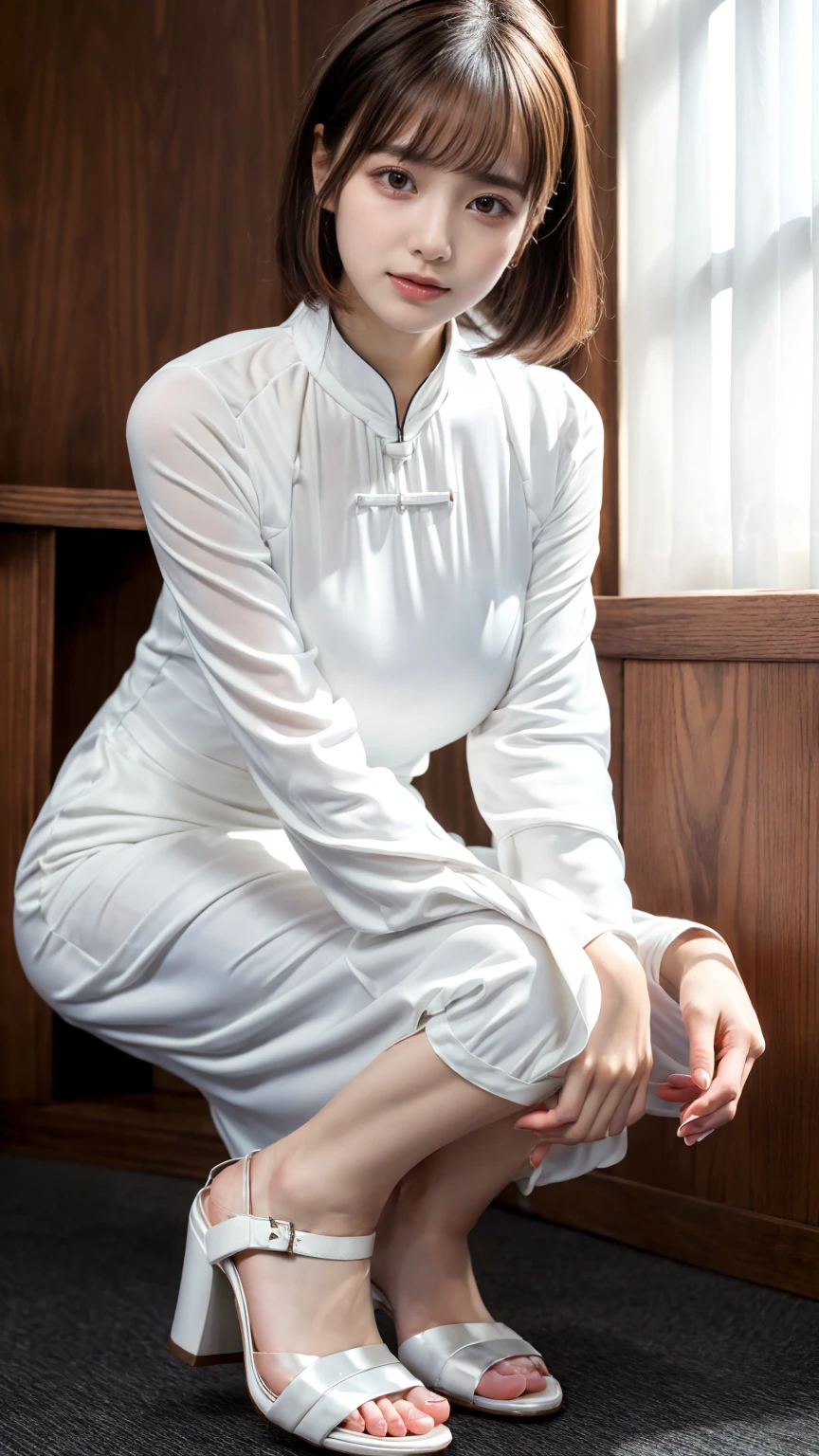(absurdres:1.3), (highres:1.3), (ultra detailed:1.3),(1girl:1.3), (extremely detailed CG unity 8k wallpaper:1.3), (detailed skin texture, detailed cloth texture, detailed hair texture), (beautiful detailed face, supermodel, pale skin, realistic glistening skin), (RAW photo, best quality), (realistic, photo-realistic:1.4), masterpiece, extremely delicate and beautiful,Amazing, finely detail, extremely detailed CG unity 8k wallpaper, huge filesize, ultra-detailed, highres, absurdres, soft light,rim light, vibrant details, hotel room, short bob hair, large breasts, black hair color, Big Natural Color Lip, (perfect body shape), beautiful legs, BREAK (white theme:1.5), (half sleeve (white Ao dai):1.4), (bare elbow:1.4), ((plain color, only white color):1.3), (smooth and shiny fabric:1.3), (white heeled sandals:1.2),  crying a little、little smile, Harajuku style、20 year old girl、cute type、lolita、