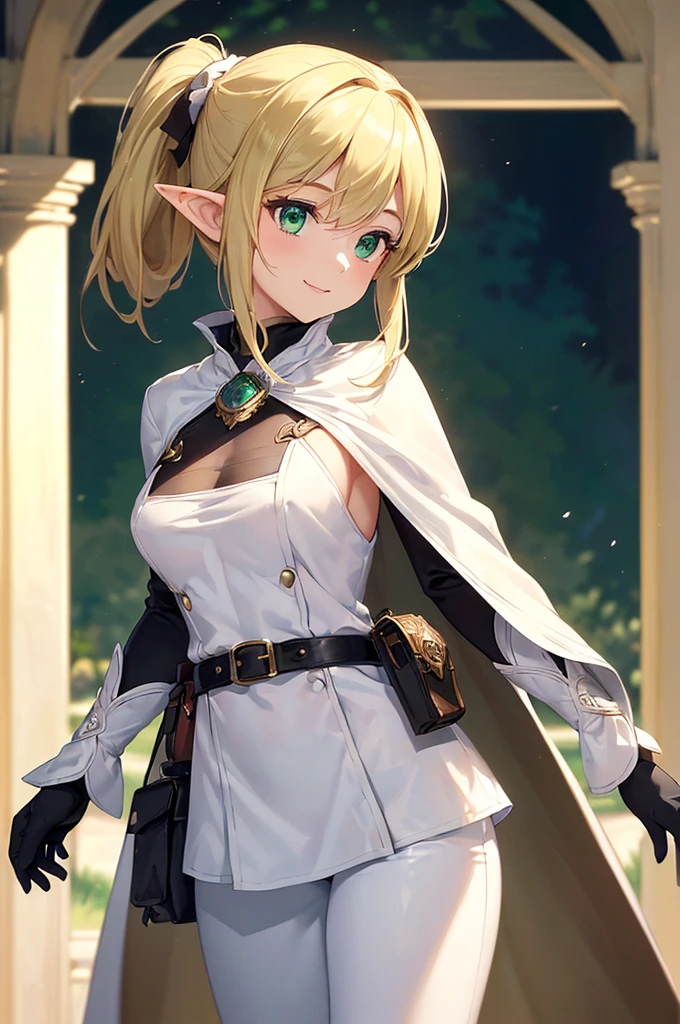 (((masterpiece; best quality: 1.2))), (finely detailed eyes: 1.3), (25 year old elf woman), (solo), (green eyes: 1.4), (body; buxom, fit, femenine: 1.3), (silky blonde hair in low ponytail: 1.3), (beautiful and clear background: 1.2), ((depth of field)), (equipment: adventurer attire + modest + long black tunic + white cape + black pants + gloves + belt + pouches: 1.3), (anime illustration: 1.2), (background composition; royal garden: 1.1), (extremely fine and beautiful: 1.1), (shot composition; standing + centered on torso + close-up: 1.5), (expression; calm, smile: 1.2)
