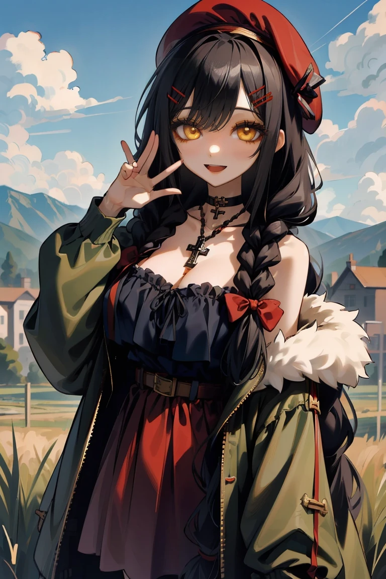 (masterpiece:1.2), (high quality:1.2), girls with((1girl, solo, black hair, yellow eyes, smiling, (wavy long hair, wearing a red beret, hairclips, braids:1.45), bare shoulder, blush, breasts, choker, cleavage, coat, cowboy shot, navy lace dress, camisole, ribbon waist belt, black ribbon belt, red bow, red ribbon, neck ribbon, collar, collarbone, rosary, rosary choker, cross, fur, fur trim, parka, khaki hoodie, green hoodie, khaki jacket, hood down, hooded coat, hooded jacket, hoodie, jacket, large breasts, long sleeves, medium breasts, open clothes, open coat,open hoodie, sleeveless, winter clothes, zipper, cleavage, upper body, hand up, waving, palm)), background with((architecture, blue sky, bush, castle, village, no humans, cloud, cloudy sky, day, field, garden, grass, hill, house, lamppost, landscape, mountain, mountainous horizon, nature, no humans, outdoors, scenery, shrine, sky))