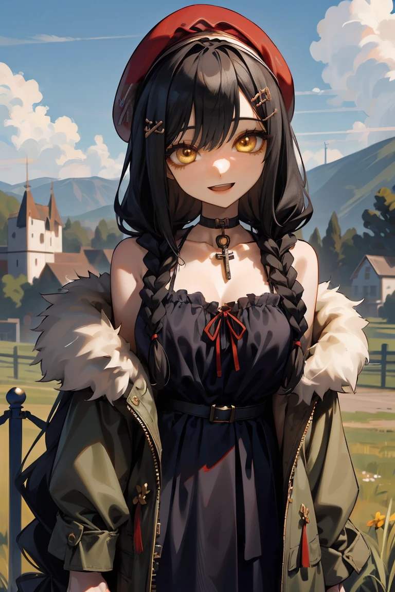 (masterpiece:1.2), (high quality:1.2), girls with((1girl, solo, black hair, yellow eyes, smiling, (wavy long hair, wearing a red beret, hairclips, braids:1.45), bare shoulder, blush, breasts, choker, cleavage, coat, cowboy shot, navy lace dress, camisole, ribbon waist belt, black ribbon belt, red bow, red ribbon, neck ribbon, collar, collarbone, rosary, rosary choker, cross, fur, fur trim, parka, khaki hoodie, green hoodie, khaki jacket, hood down, hooded coat, hooded jacket, hoodie, jacket, large breasts, long sleeves, medium breasts, open clothes, open coat,open hoodie, sleeveless, winter clothes, zipper, cleavage, upper body, hand up, waving, palm)), background with((architecture, blue sky, bush, castle, village, no humans, cloud, cloudy sky, day, field, garden, grass, hill, house, lamppost, landscape, mountain, mountainous horizon, nature, no humans, outdoors, scenery, shrine, sky))