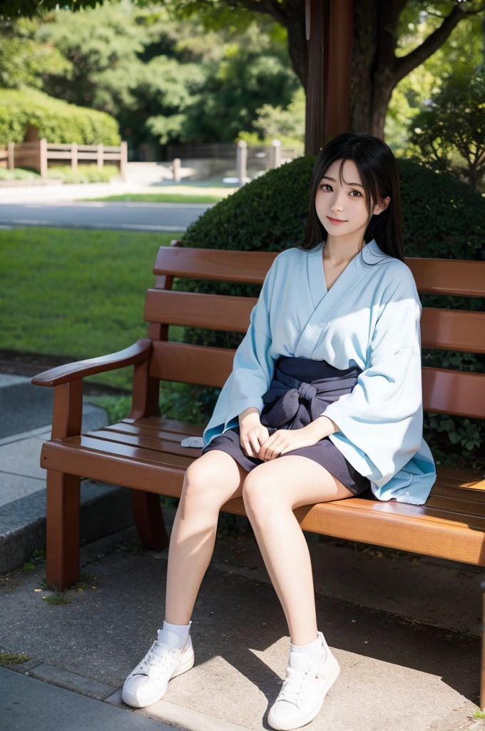 One Japanese girl、Sitting on a bench outside