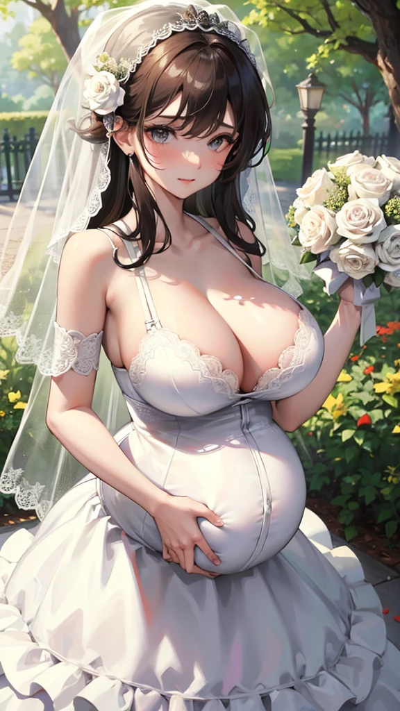 Pre girl with huge breasts in a bra with a sexy wedding dress ,veil and bouquet in the park 