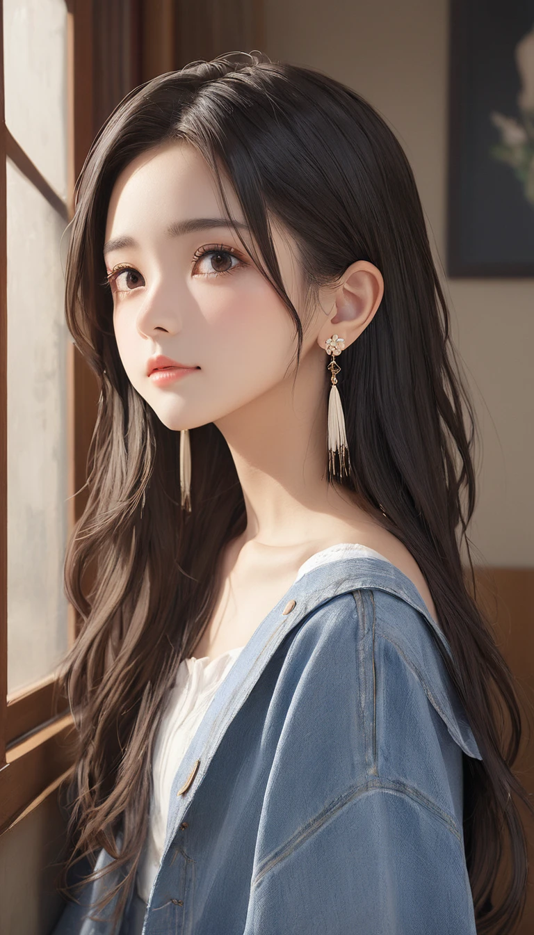 (masterpiece, Highest quality:1.2), One girl, alone,bony body、15 years old、Side lock hair、Earrings