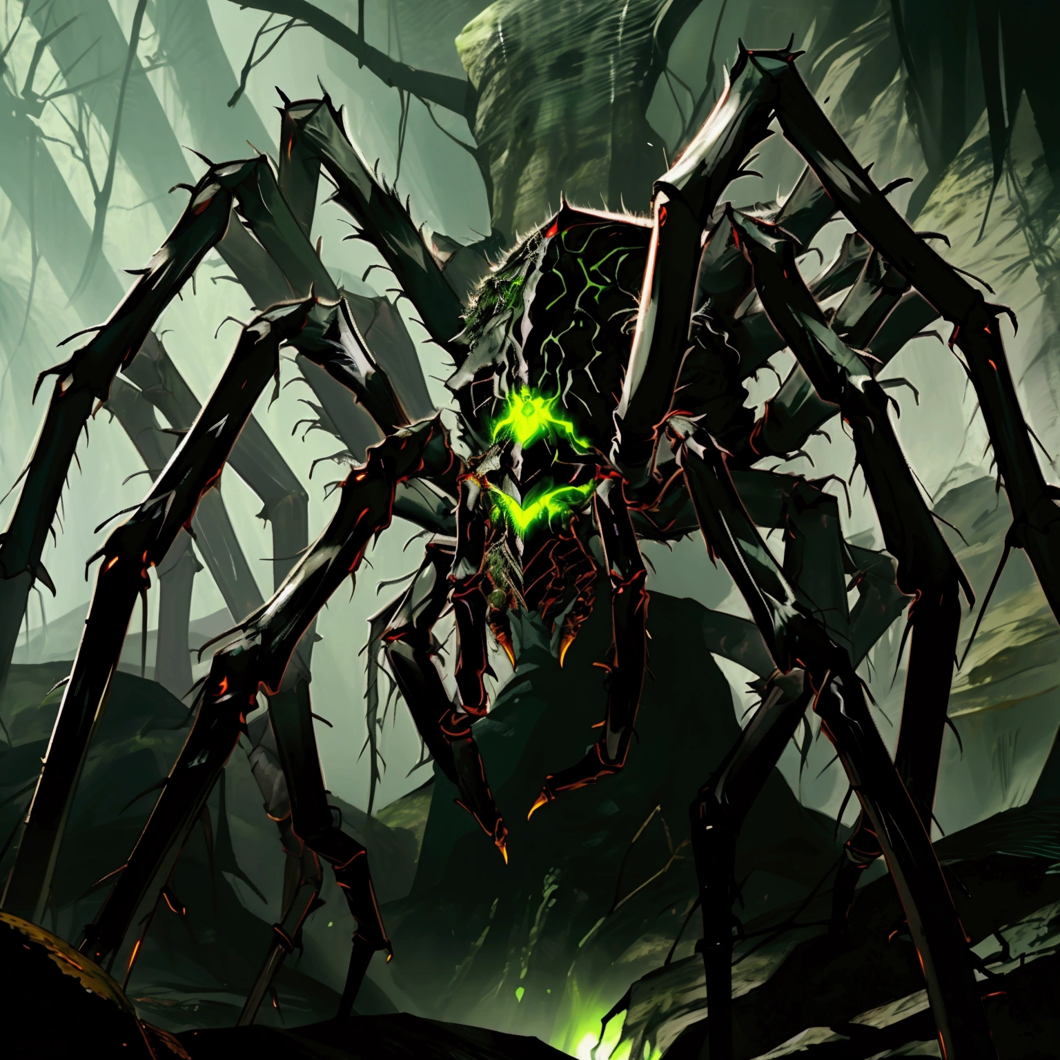 large cave, giant cave, dark cave, intricate, detailed hairy look, dark and gloomy, scary caverns, dark lighting, carnal, Arachnomorph, (green eyes), multiple eyes, swarm, giant cavern, (dark area), foggy, camouflaged, stealthy, green runes, green magic, ((giant spider boss, symbol on back, green glowing eyes))