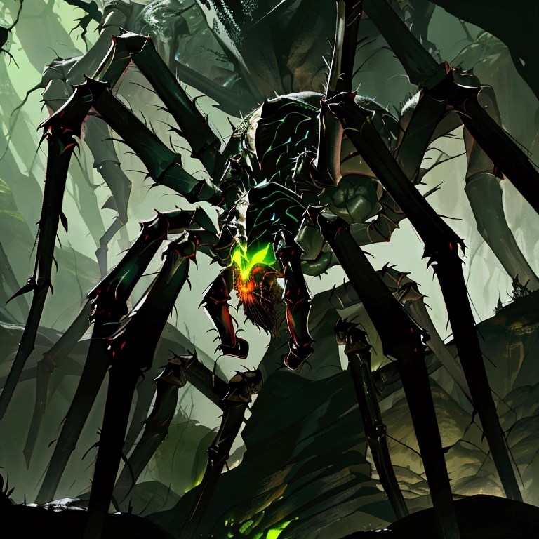 large cave, giant cave, dark cave, intricate, detailed hairy look, dark and gloomy, scary caverns, dark lighting, carnal, Arachnomorph, (green eyes), multiple eyes, swarm, giant cavern, (dark area), foggy, camouflaged, stealthy, green runes, green magic, ((giant spider boss, symbol on back, green glowing eyes))