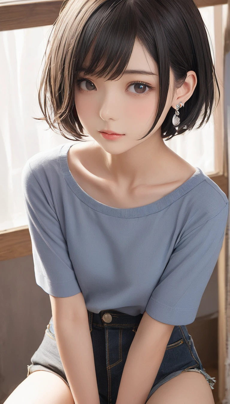 (masterpiece, Highest quality:1.2), One girl, alone,bony body、15 years old、, Extra Short Hair, Side lock hair、Earrings