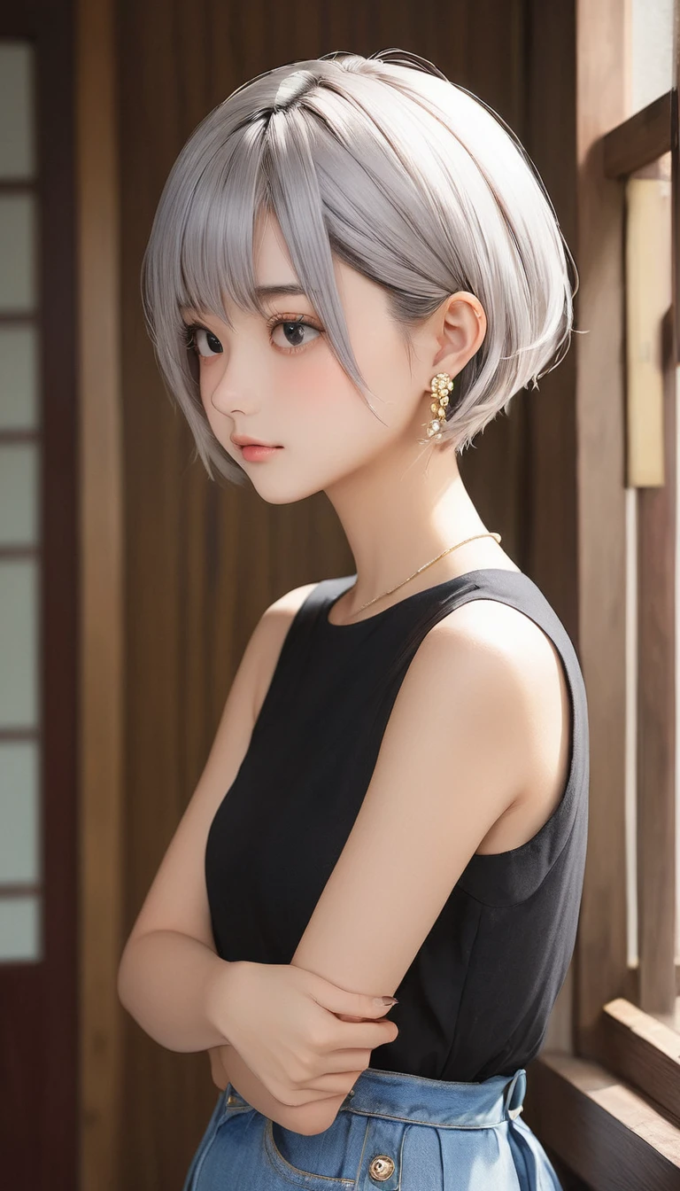 (masterpiece, Highest quality:1.2), One girl, alone,bony body、、, Extra Short Hair, Side lock hair、Earrings