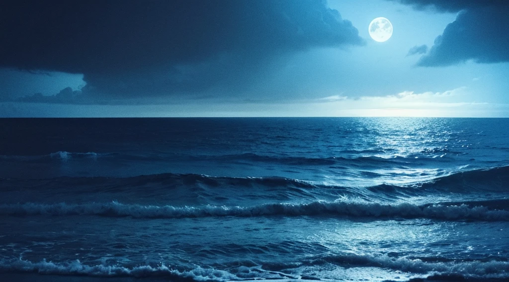 Healing　Silence with no buildings

Night sea painting drawn by a skilled artist
Blue ocean, underwater, a very beautiful and delicate touch, soothing healing
The overall impression is blue, black, and moonlight

Background that does not show people


