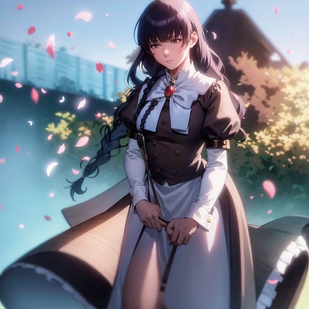 1girl, solo, aave, braid, hair ribbon, red ribbon, jewelry, white ascot, brooch, blue jacket, long sleeves, brown gloves, white dress, long dress, sitting, outdoors, cherry blossoms, falling petals, sky, cloud, dappled sunlight, cinematic angle, (masterpiece), (best quality), (ultra-detailed), very aesthetic, illustration, perfect composition, intricate details,