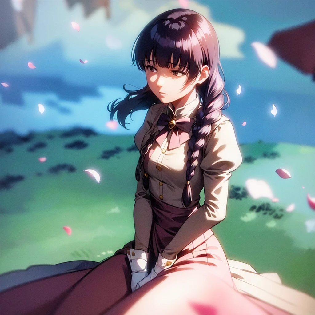 1girl, solo, aave, braid, hair ribbon, red ribbon, jewelry, white ascot, brooch, blue jacket, long sleeves, brown gloves, white dress, long dress, sitting, outdoors, cherry blossoms, falling petals, sky, cloud, dappled sunlight, cinematic angle, (masterpiece), (best quality), (ultra-detailed), very aesthetic, illustration, perfect composition, intricate details,