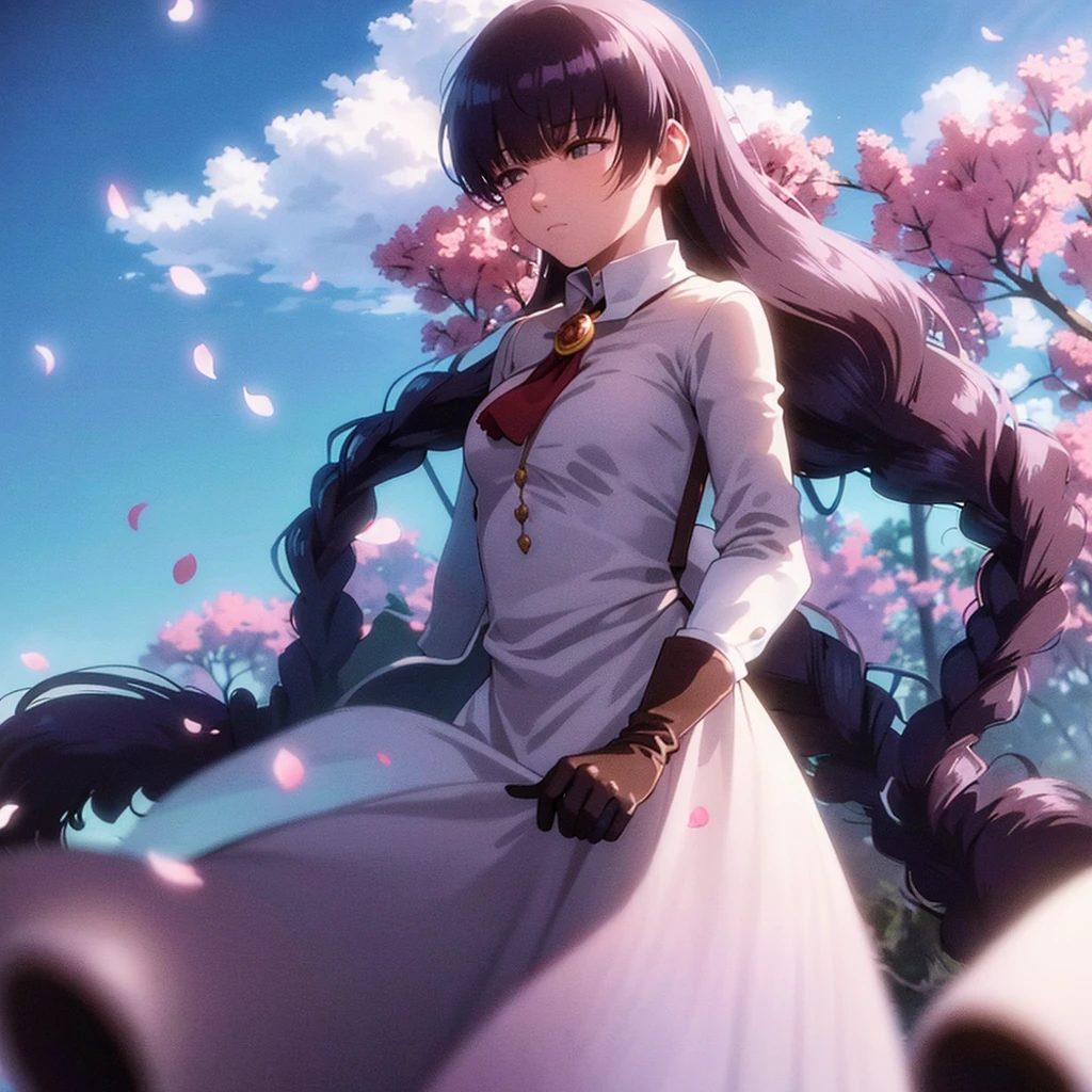 1girl, solo, aave, braid, hair ribbon, red ribbon, jewelry, white ascot, brooch, blue jacket, long sleeves, brown gloves, white dress, long dress, sitting, outdoors, cherry blossoms, falling petals, sky, cloud, dappled sunlight, cinematic angle, (masterpiece), (best quality), (ultra-detailed), very aesthetic, illustration, perfect composition, intricate details,