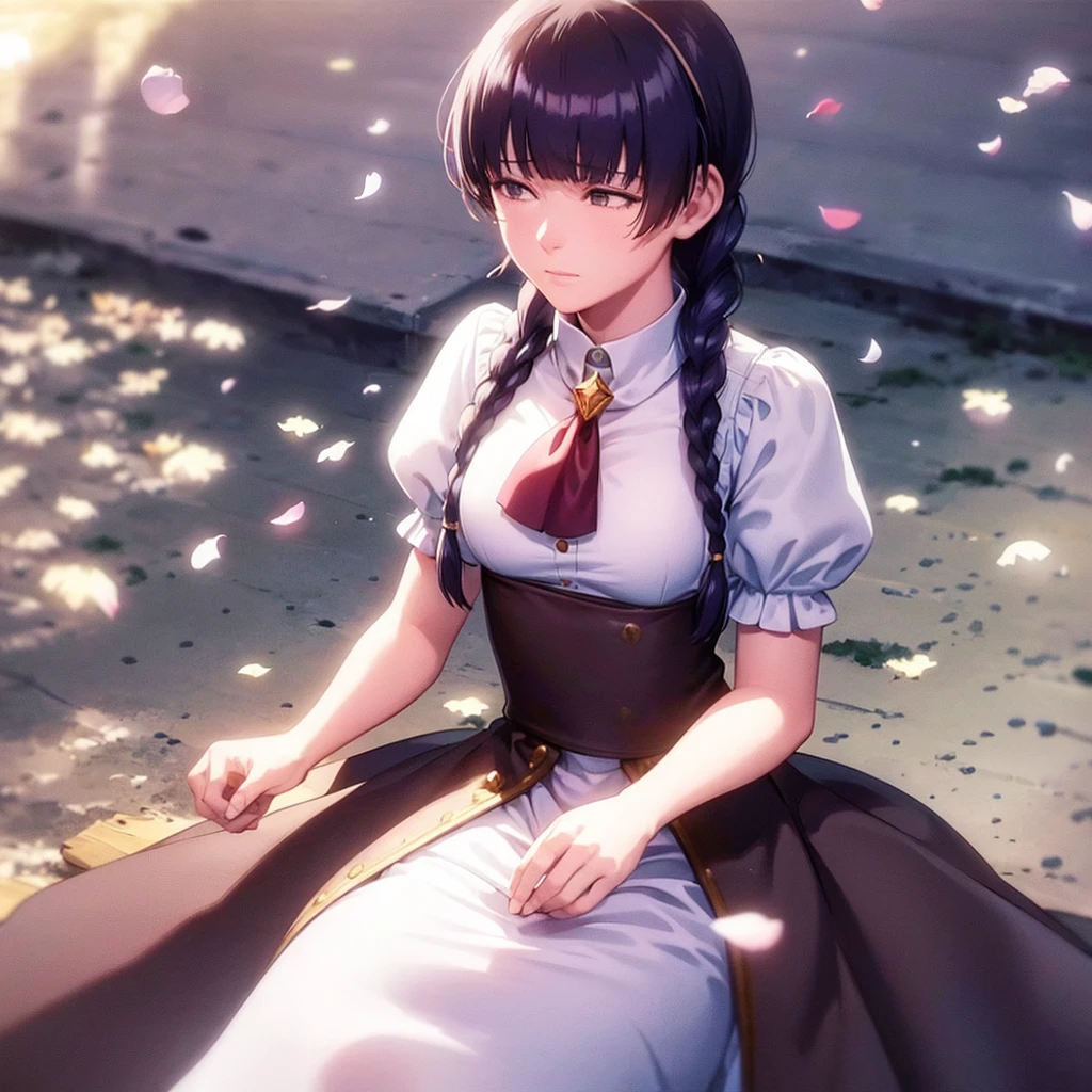 1girl, solo, aave, braid, hair ribbon, red ribbon, jewelry, white ascot, brooch, blue jacket, long sleeves, brown gloves, white dress, long dress, sitting, outdoors, cherry blossoms, falling petals, sky, cloud, dappled sunlight, cinematic angle, (masterpiece), (best quality), (ultra-detailed), very aesthetic, illustration, perfect composition, intricate details,