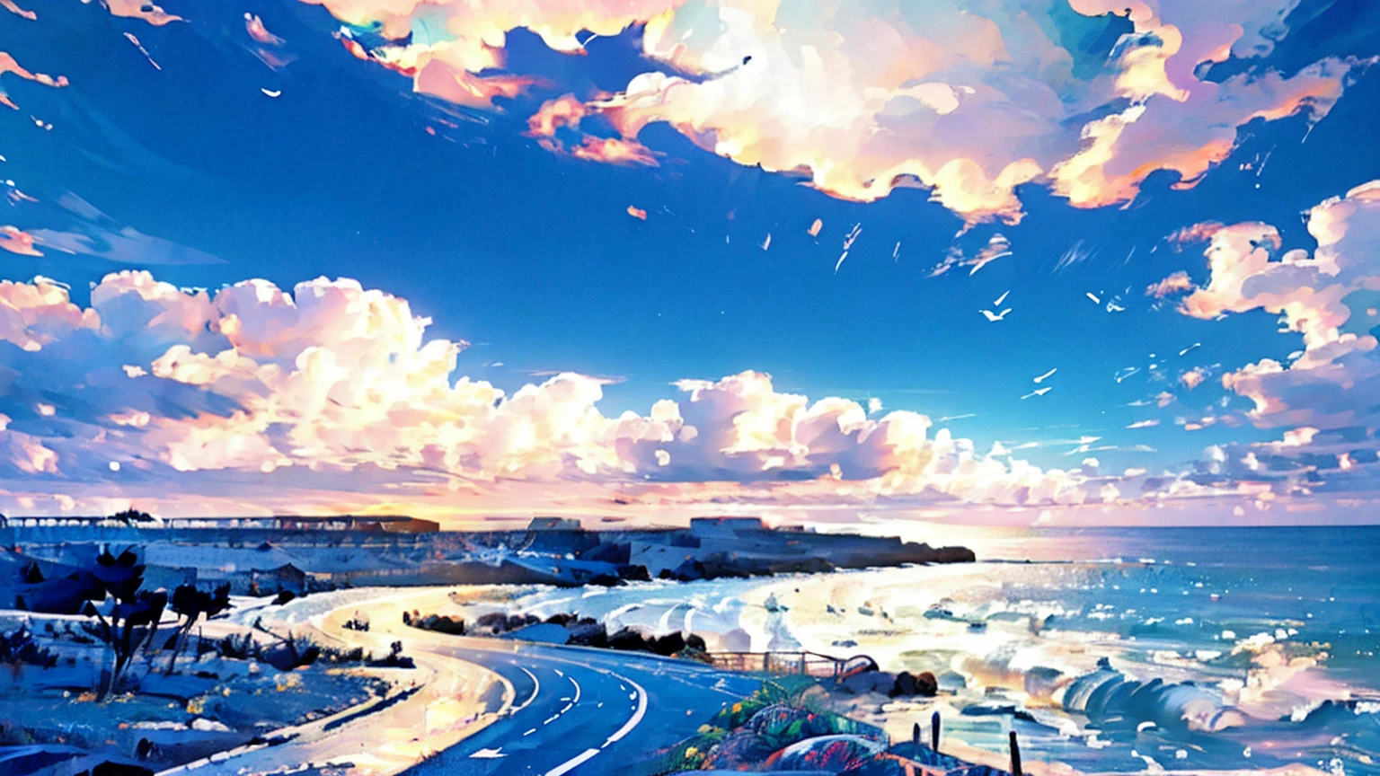 (((best quality, high resolution, masterpiece))), perpendicular view as a cross cut into the road from (the side of the road), the object is in the middle of the image, (a woman is just side-sitting) on a parked-80's convertible car on the side of the road by the seaside, wide blue ocean stretching out as the background, clear sky with thin white clouds, road handrail on the edge side of the road, cinematic feel, natural lighting, vibrant and contrasting colors, expansive sea and sky background, calm and peaceful atmosphere, (ocean, summer, palm trees sky, cinematic, vibrant, panorama)