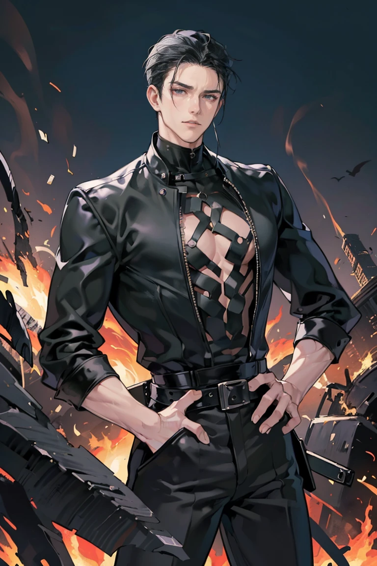 anime - (masterpiece), best quality, seductive eyes, mature face, black eyes, mid length slicked back black haircut, plain black t shirt, black pants, tall man, long legs, masculine, massive body, adult-like, full body, bad boy, there's a tall big breast long black haired woman in the background
