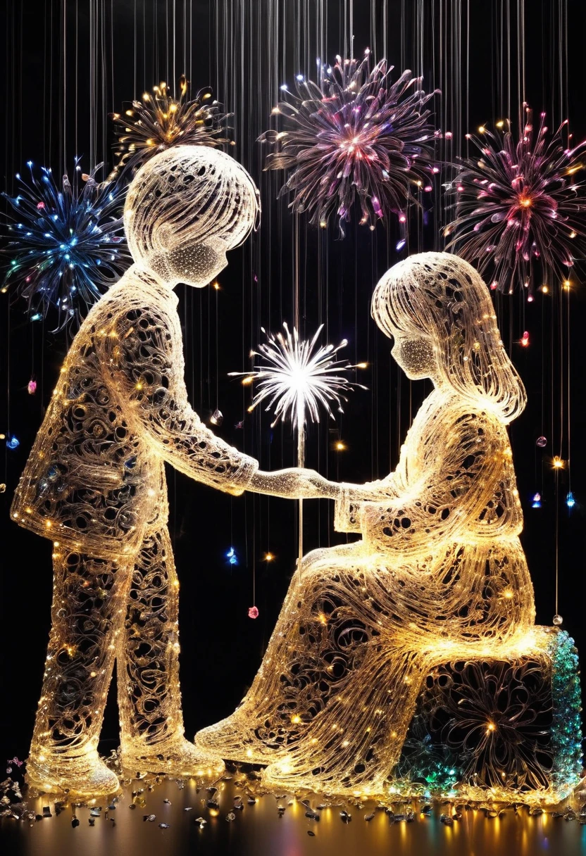 Crystal lighting effect Lights made of small colored stones combined with human shaped beam layer wire saw , firework、二人でfirework、A tender and gentle scene，It is skillfully shaped with thin rays of light...The background is a shiny black wall