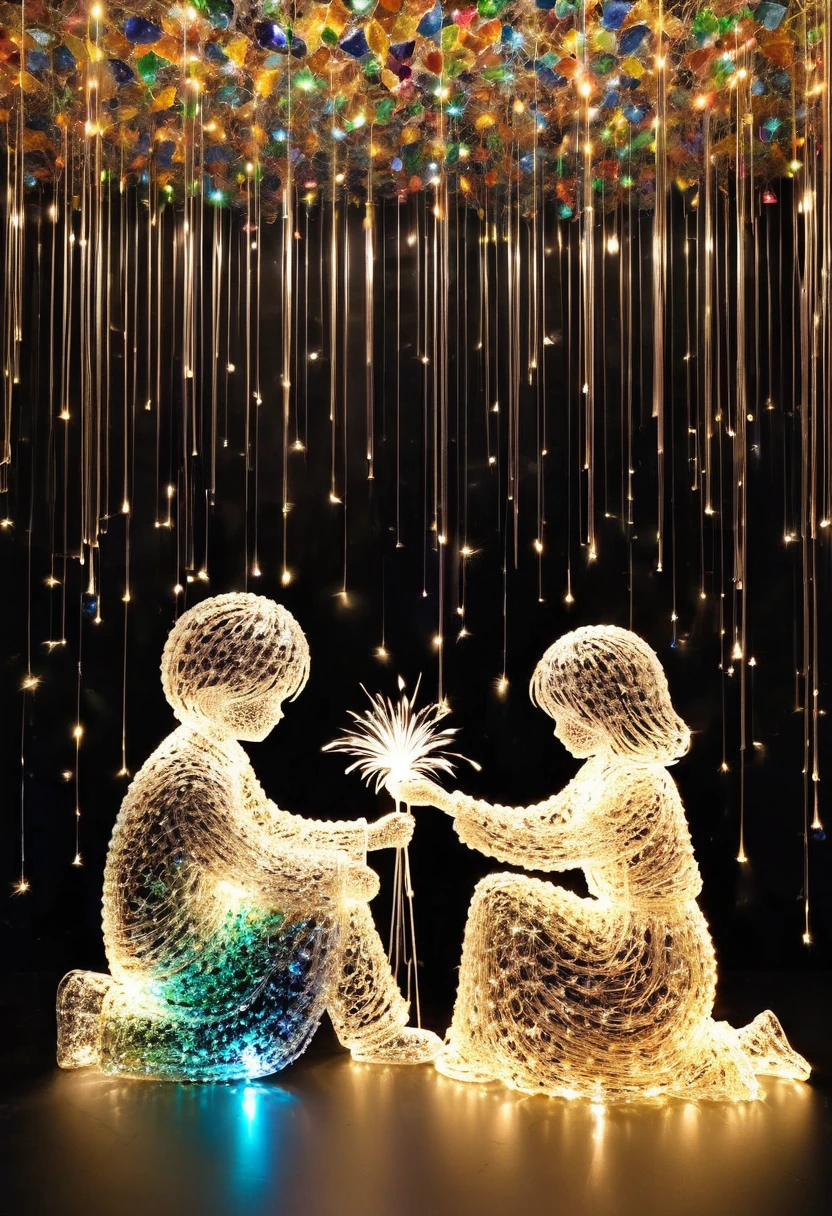 Crystal lighting effect Lights made of small colored stones combined with human shaped beam layer wire saw , firework、二人でfirework、A tender and gentle scene，It is skillfully shaped with thin rays of light...The background is a shiny black wall