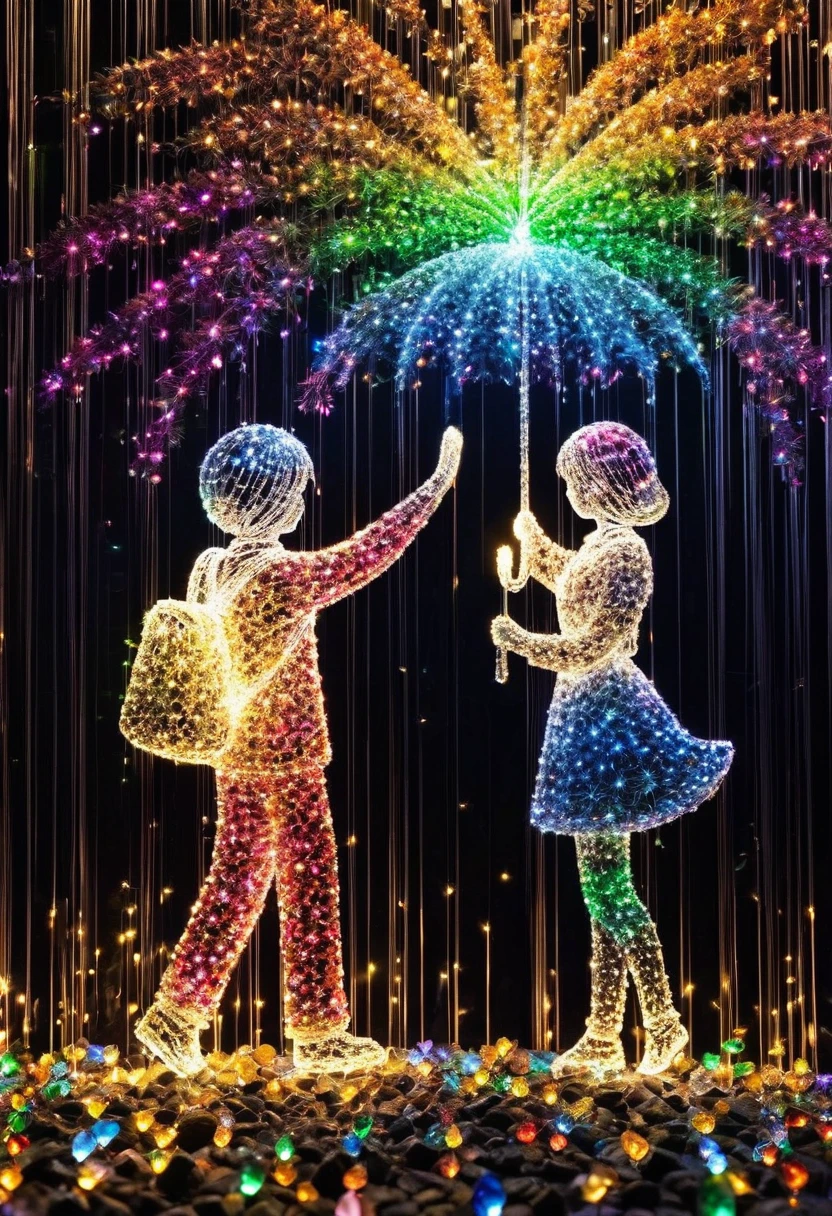 Crystal lighting effect Lights made of small colored stones combined with human shaped beam layer wire saw , firework、二人でfirework、A tender and gentle scene，It is skillfully shaped with thin rays of light...The background is a shiny black wall