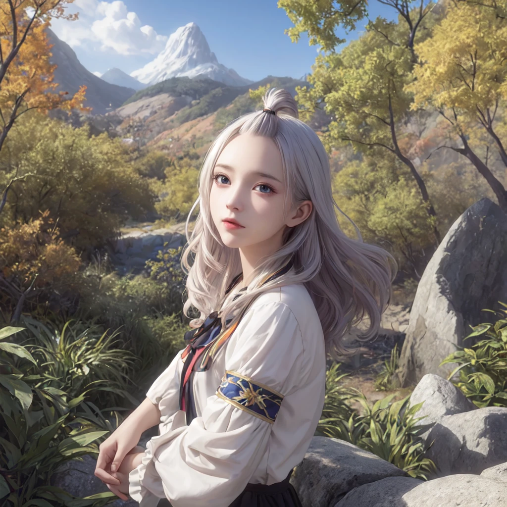 (best quality), masterpiece, Extremely detailed CG8K painting, high color, Extremely high color saturation, All colors are deepened, central composition, Extremely detailed light and shadow, The face and eyes are very detailed, medium length hair, sportswear, colorful clouds，beautiful nature，landscape