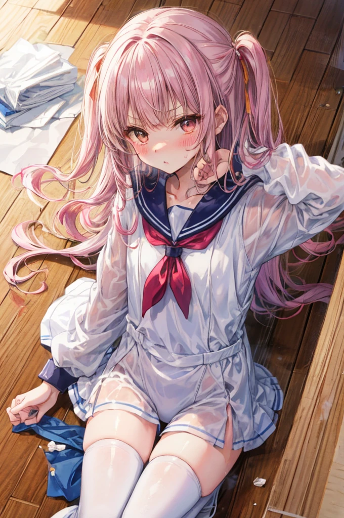 The whole body is covered in oilで光沢感がある Tissue paper cut into small pieces, A small crumpled roll of tissue paper, A small piece of tissue paper that had fallen to the ground, torn apart and crumpled, Excessive sweating on the face,Sweat dripping down,Sitting on an old bed, Duvet with a light yellow stain Old gym mat ,Gymnasium Warehouse, There are lots of small rolled up tissue papers on the floor. , Crumpled garbage is scattered everywhere., Very old gym mat, Messy room, Dimly lit room Hardwood Floors Scattered small rolled tissue papers Upper body sailor suit, Lower body swimsuit Inner swimwear Illustration Style Anime Style Small lips Face of Shame Embarrassing beautiful girl Very cute clothes Cheeks pink Light purple hair Blonde long hair super curly hair Super long sideburns Rubber clothing hair band Pearl white silk tights that become transparent when wet White super long boots Big eyes Hanging eyes Angry Blushing Shocking Pink Rouge Sweating profusely A small roll of tissue paper The whole body is wet from rain Mucus clings to the whole body Steam coming out of the whole body Steam rises across the screen. White Breath Haa The whole body is covered in oil evening Overall orange background Sunset sunshine