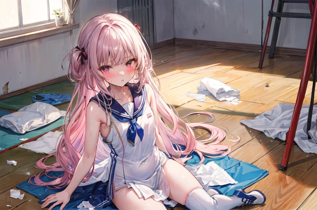 The whole body is covered in oilで光沢感がある Tissue paper cut into small pieces, A small crumpled roll of tissue paper, A small piece of tissue paper that had fallen to the ground, torn apart and crumpled, Excessive sweating on the face,Sweat dripping down,Sitting on an old bed, Duvet with a light yellow stain Old gym mat ,Gymnasium Warehouse, There are lots of small rolled up tissue papers on the floor. , Crumpled garbage is scattered everywhere., Very old gym mat, Messy room, Dimly lit room Hardwood Floors Scattered small rolled tissue papers Upper body sailor suit, Lower body swimsuit Inner swimwear Illustration Style Anime Style Small lips Face of Shame Embarrassing beautiful girl Very cute clothes Cheeks pink Light purple hair Blonde long hair super curly hair Super long sideburns Rubber clothing hair band Pearl white silk tights that become transparent when wet White super long boots Big eyes Hanging eyes Angry Blushing Shocking Pink Rouge Sweating profusely A small roll of tissue paper The whole body is wet from rain Mucus clings to the whole body Steam coming out of the whole body Steam rises across the screen. White Breath Haa The whole body is covered in oil evening Overall orange background Sunset sunshine