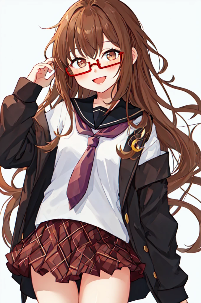 Highest quality, masterpiece, High resolution, alone, {full moon_Fleet Collection:1.15}, length_hair, brown_hair, Glasses, brown_eye, red-framed_Glasses, semi-rimless_Glasses, Seraphim, Crescent Moon, black_Seraphim, blush, Under Rim_Glasses, One girl, Closed_eye, Open_mouth, School_uniform, Simple_background, white_background, skirt, ^_^, eggplant, smile