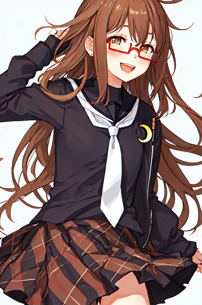 Highest quality, masterpiece, High resolution, alone, {full moon_Fleet Collection:1.15}, length_hair, brown_hair, Glasses, brown_eye, red-framed_Glasses, semi-rimless_Glasses, Seraphim, Crescent Moon, black_Seraphim, blush, Under Rim_Glasses, One girl, Closed_eye, Open_mouth, School_uniform, Simple_background, white_background, skirt, ^_^, eggplant, smile