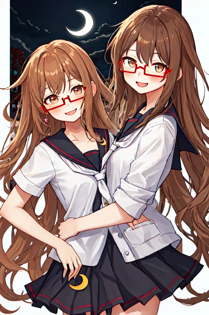 Highest quality, masterpiece, High resolution, alone, {full moon_Fleet Collection:1.15}, length_hair, brown_hair, Glasses, brown_eye, red-framed_Glasses, semi-rimless_Glasses, Seraphim, Crescent Moon, black_Seraphim, blush, Under Rim_Glasses, One girl, Closed_eye, Open_mouth, School_uniform, Simple_background, white_background, skirt, ^_^, eggplant, smile