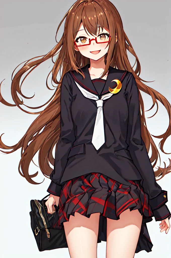 Highest quality, masterpiece, High resolution, alone, {full moon_Fleet Collection:1.15}, length_hair, brown_hair, Glasses, brown_eye, red-framed_Glasses, semi-rimless_Glasses, Seraphim, Crescent Moon, black_Seraphim, blush, Under Rim_Glasses, One girl, Closed_eye, Open_mouth, School_uniform, Simple_background, white_background, skirt, ^_^, eggplant, smile