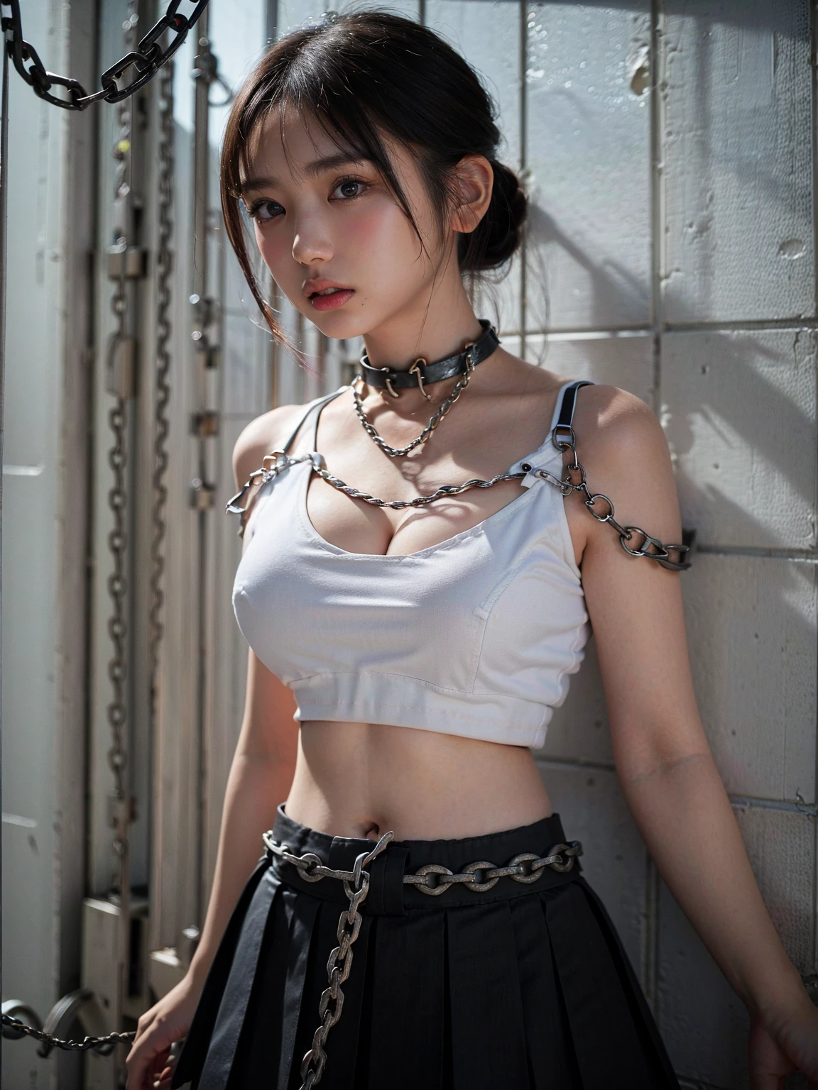 (41k4:0.65), (aika-sawaguchi:0.55), masterpiece, Best Quality, 8K, Raw photo, top-notch quality, masterpiece, (wearing white crop top:1.7), (wearing black pleated skirt:1.5), (exceptionally detailed RAW color photo, professional-grade photograph), (facing viewer:1.5), (bondage:1.4), (shackled:2.2), (chained:1.9), (slave:1.7), (wearing slave collar:1.5), (looking at viewer:1.4), (Realistic, Photorealistic:1.37), (highly detailed skin:1.2), Ultra-high resolution, (lens 50mm), (masterpiece, top-quality:1.3), (hyper realistic:1.35), (Photorealistic:1.45), (Realistic:1.4), ((solo)), (1 pretty Japanese girl), 21 years old, Japanese idol, supermodel, pale skin, (slim:1.3), (slim body:1.25), (slender body:1.25), (narrow waist:1.35), pretty face, (large breasts:1.15), (deep cleavage:1.4)