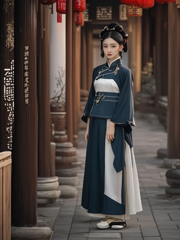 A cute Chinese girl in a modern interpretation of the hanfu, combining traditional elements with contemporary fashion. She's standing on a historic street with red lanterns and old-style architecture. The warm evening light highlights her playful expression and chic hairstyle, blending cultural heritage with modern allure.