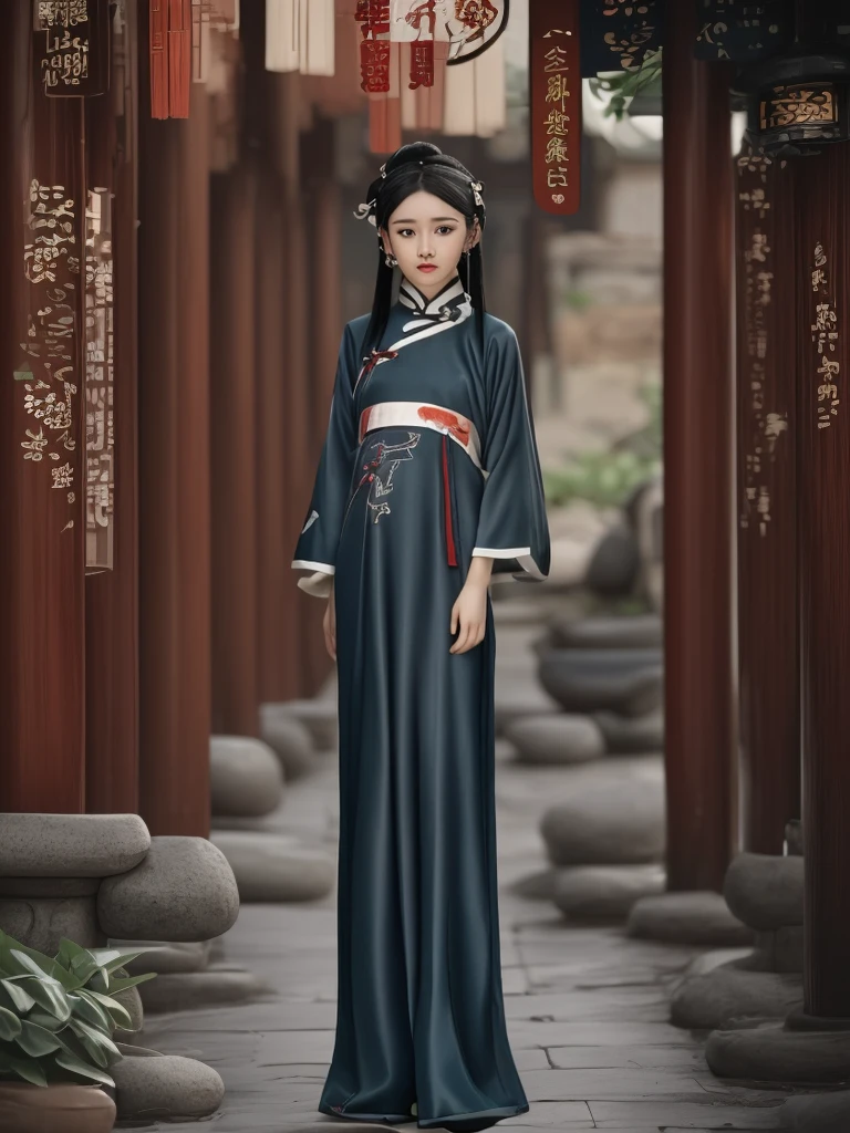 A cute Chinese girl in a modern interpretation of the hanfu, combining traditional elements with contemporary fashion. She's standing on a historic street with red lanterns and old-style architecture. The warm evening light highlights her playful expression and chic hairstyle, blending cultural heritage with modern allure.