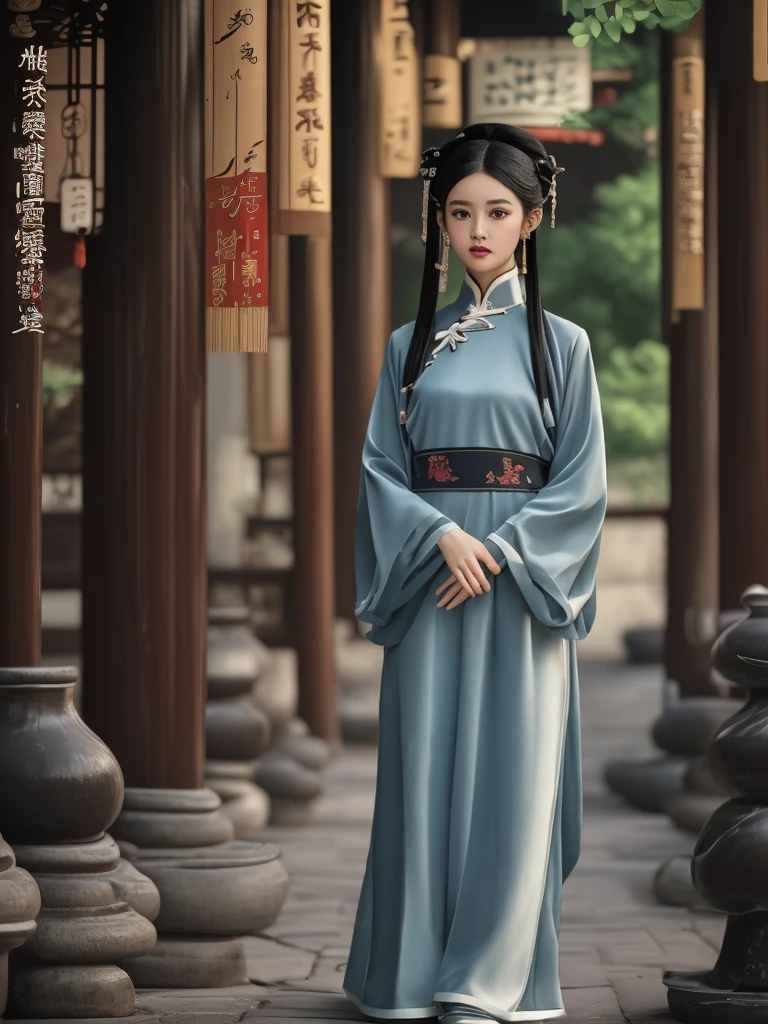 A cute Chinese girl in a modern interpretation of the hanfu, combining traditional elements with contemporary fashion. She's standing on a historic street with red lanterns and old-style architecture. The warm evening light highlights her playful expression and chic hairstyle, blending cultural heritage with modern allure.