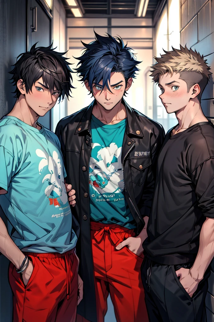 Masterpiece, best work, anime style, 3boys, in their 19-20 years old, stylish clothing, each different hairstyles and colors, hot, well drawn detailed eyes, boy1: shy expression, boy2: confident, boy3: happy,