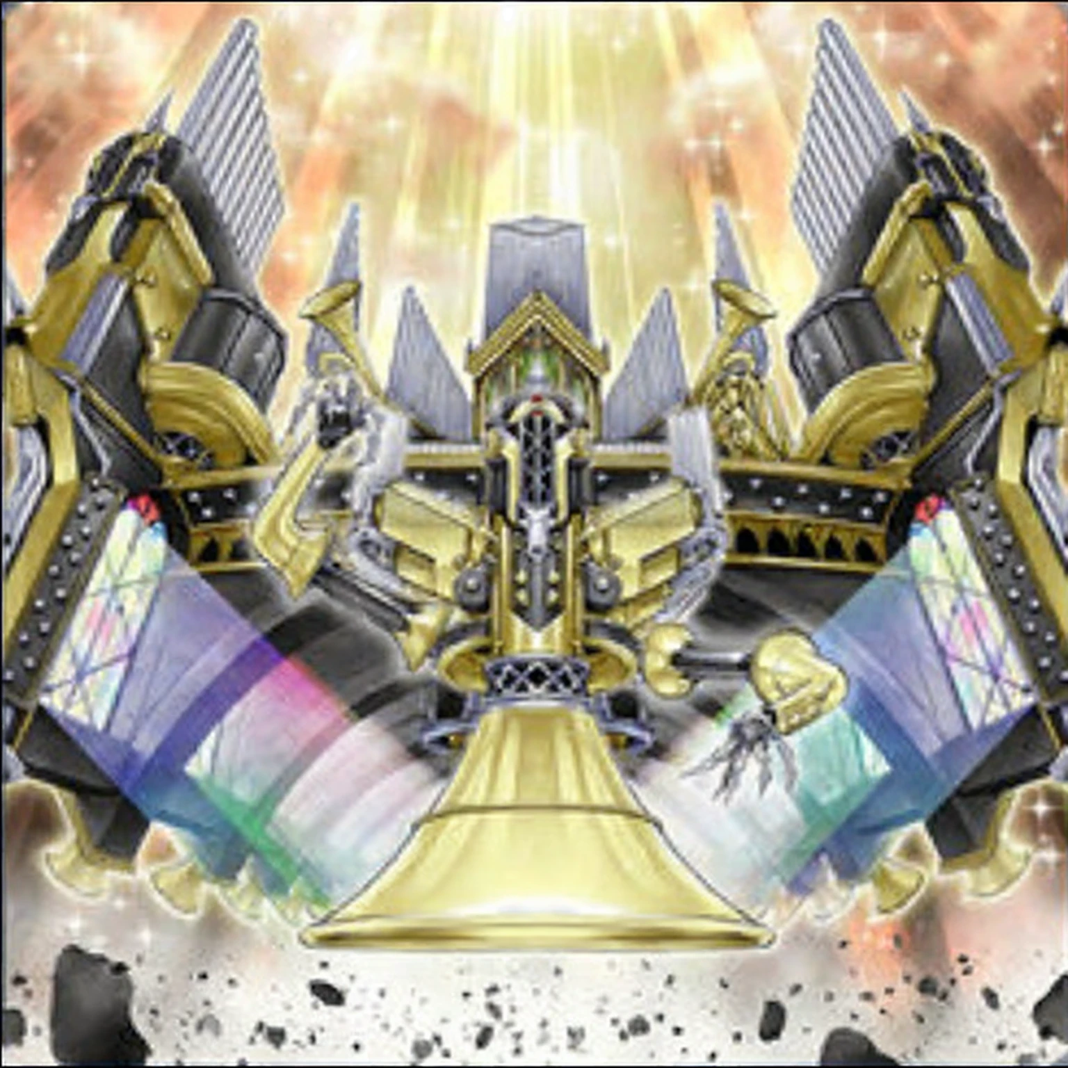 Yu-Gi-Oh! Artwork, Interstellar Cathedral, Kingdom of Light Background, ornate gilded cosmic machine, crown (((White laser))), infinite crystal ascent, Crystallized Time Warp, Grail Palace,