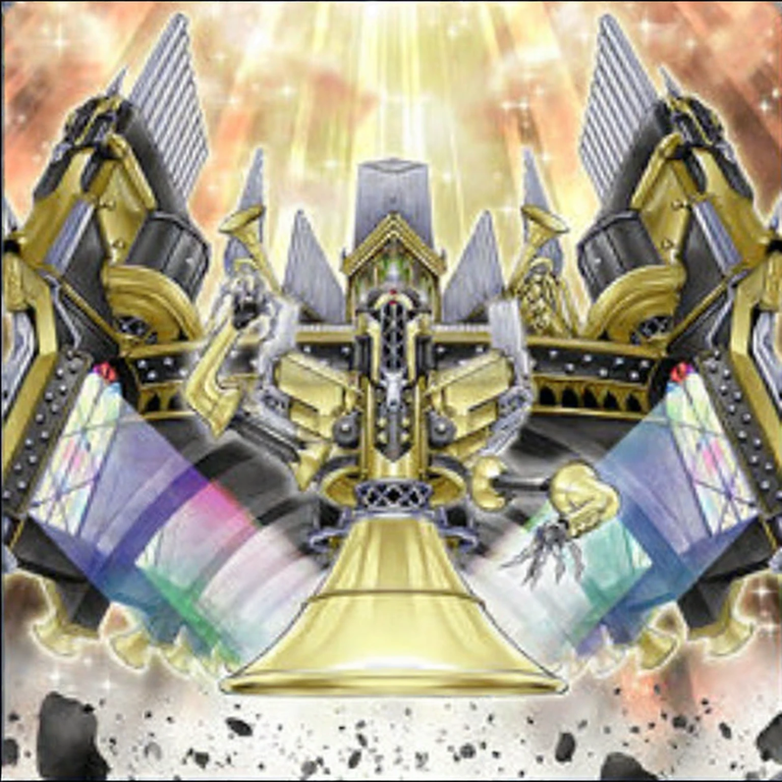 Yu-Gi-Oh! Artwork, Interstellar Cathedral, Kingdom of Light Background, ornate gilded cosmic machine, crown (((White laser))), infinite crystal ascent, Crystallized Time Warp, Grail Palace,