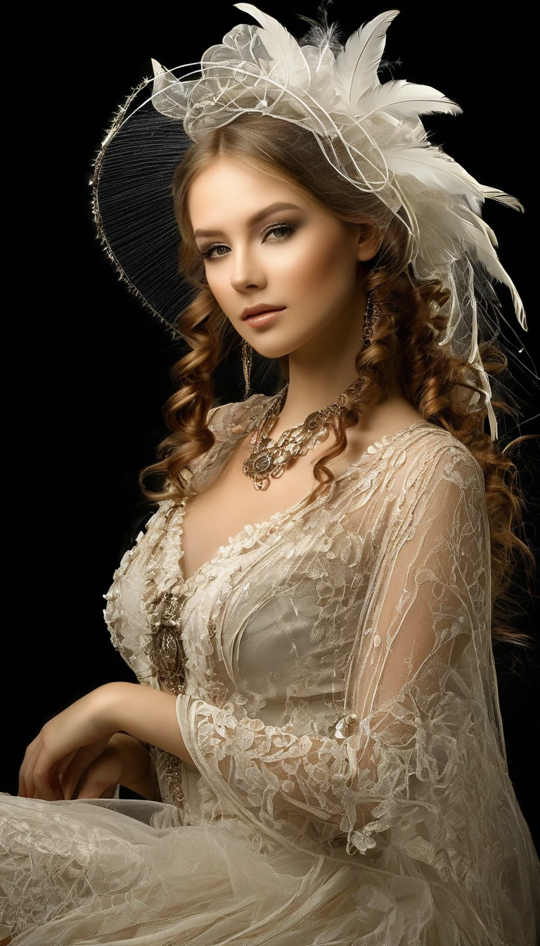 Fantastic-beautiful transparent nymph girl stylish of intertwined-transparent-ethereal lines Tatiana Ustyantseva's steampunk style,transparent-ethereal chic airy complicated braided hairstyle hat with brim flowers-feathers-veil,plump lips with a sparkling smile,the girl sits in a bohemian pose,expensive-jewelry,sensual tenderness,keeper of beauty and grace,black background,surrealism,phantasmagoria,rays of the sun,transparent outlines-lines,clear lines,fractal,high detail,5d,UltraHD resolution