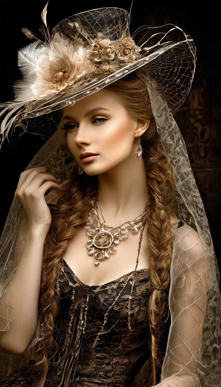 Fantastic-beautiful transparent nymph girl stylish of intertwined-transparent-ethereal lines Tatiana Ustyantseva's steampunk style,transparent-ethereal chic airy complicated braided hairstyle hat with brim flowers-feathers-veil,plump lips with a sparkling smile,the girl sits in a bohemian pose,expensive-jewelry,sensual tenderness,keeper of beauty and grace,black background,surrealism,phantasmagoria,rays of the sun,transparent outlines-lines,clear lines,fractal,high detail,5d,UltraHD resolution