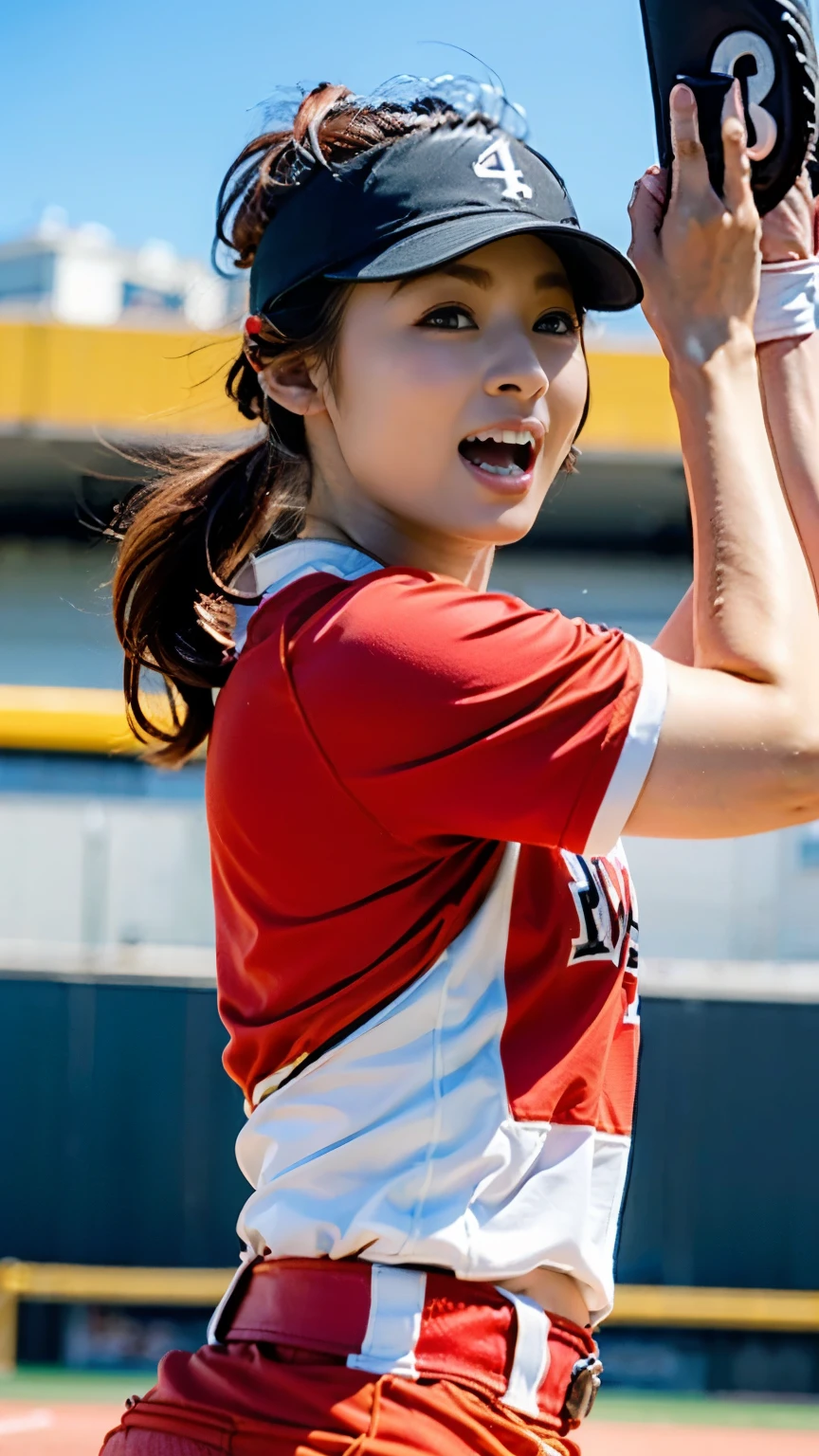 (((First Person))),(((Perfect anatomy, carefully drawn limbs with perfect joints and no excess or deformities))),(((The grandstands are filled with spectators))),The enthusiastic crowd roars,(((On the field of a softball stadium filled with enthusiastic spectators, a beautiful softball player with outstanding style stands in the batter's box with a serious look in her eyes))),(((The softball uniform, with a short-sleeved, collarless shirt with a large number on the back and the bottoms tucked into shorts and a belt, is々Shii,Wear softball socks and spikes))),(((Capture the powerful moment when you step up to bat and swing with all your might in a full-body snapshot))),Speed,body幹の強い低い姿勢,Speed,(Capture the essence of the movement and the moment of the play),((The audience roars at the wonderful play of a beautiful softball player wearing a red uniform and shorts on a white background),(((With a serious look on his face, he holds a softball helmet and a metal bat.,打席でバットを振ってヒットする瞬間の動きの本質を捉えた4K full body shot from the side)),All in one,Gritting teeth,Sharp step,(Skin Dentition:1.5),Realistic and realistic,(masterpiece:1.5),(((Sports concept art))),Intricate details,Highly detailed and realistic,Octane Rendering,4k quality,(Sports Real Engine),Dynamic pose,4K Top Quality,High resolution,(Realistic Face:1.1),(Surreal:1.1), ((full_body)),((Expressing the dynamism that emanates from the whole body)),(((He has a slim, muscular body, but his strong legs and slim waist make him look very stylish.))),(4K full body shot from the side),(Shiny skin:1.2),(((Hairstyle))),(((Perfect hands))),(Highly detailed background),((整備された美Shii芝が張られたピッチに観客で一杯のスタジアムの背景が壮観)),A crucible of cheers and excitement,((Beauty condensed in 1girl)),((光を蓄えた美Shii瞳)),(Shiho wearing a necklace),(((滴る大量の汗が眩Shii))),(The short bob flows with your movements.),casting ,((Dramatic beauty)),披写界深度の深い美Shiiボケ,4K,Gothic,4K Digital SLR Camera,Fujifilm XT3 style,(Saiharu Body),(Delicate eyes and face),Professional Perspective,素晴らShiiディテール,(1girl condenses exceptional beauty),繊細でHigh noseを持つ美Shii顔,High nose, Clear chestnut eyes that glorify the light, Glossy red lips, light makeup,