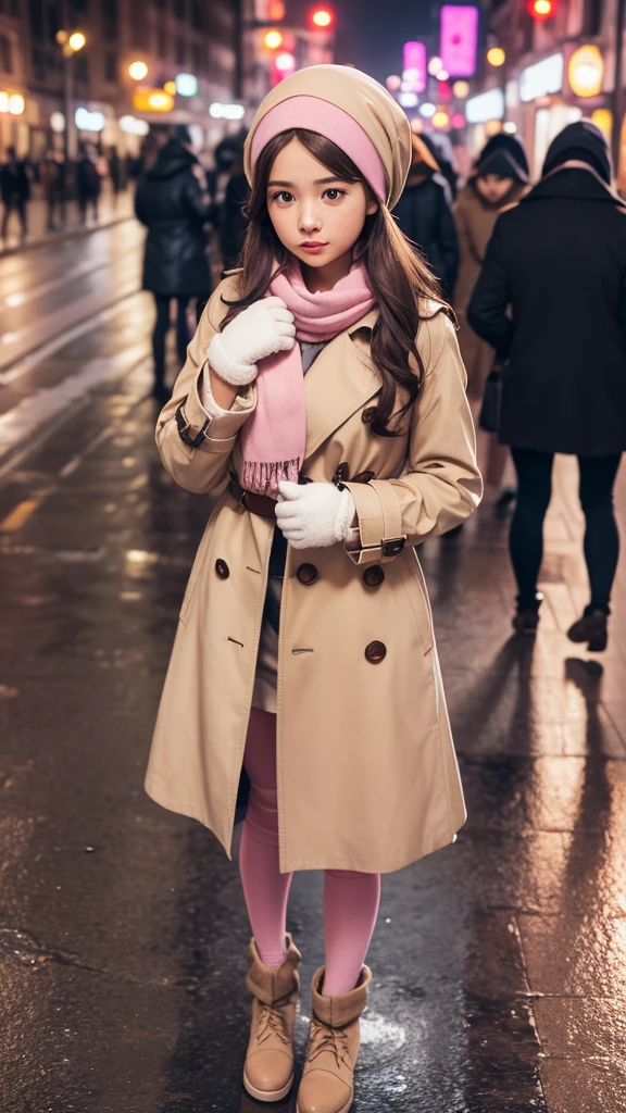 1girl with long brown hair wearing a fully buttoned up and belted buckle popped collar fully up beige trench coat with a pink headscarf wrapped around her head, large pink winter wool scarf and white gloves at the hard rainy night city street full body 8k