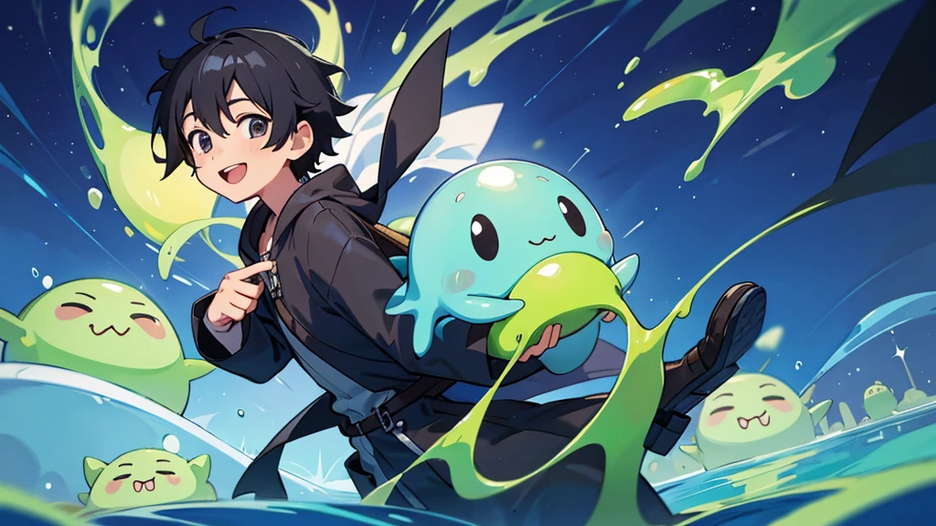 A boy and a slime traveling in another world、anime、Black Hair、smile