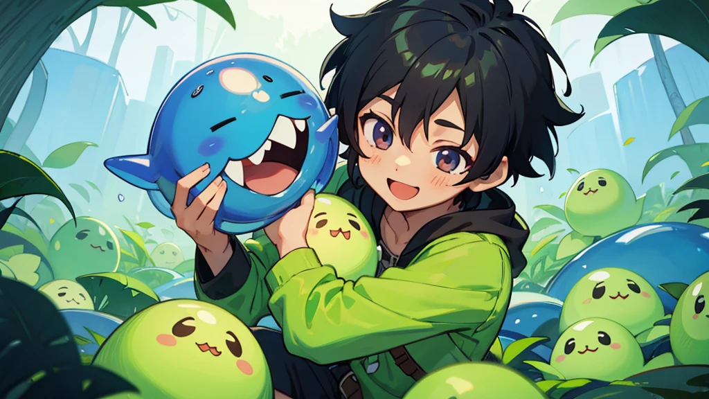 A boy and a slime traveling in another world、anime、Black Hair、smile